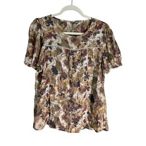 Paraphrase Tunic Blouse Womens L Multicolor‎ Round Neck Puff Sleeve Crochet